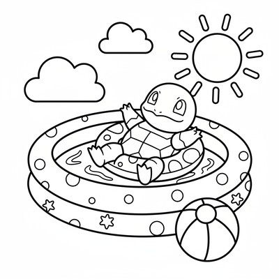 Squirtle vilar i en uppblåsbar pool