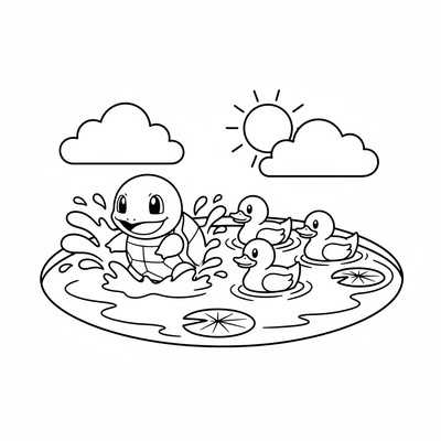 Squirtle tävlar mot ankor i en damm