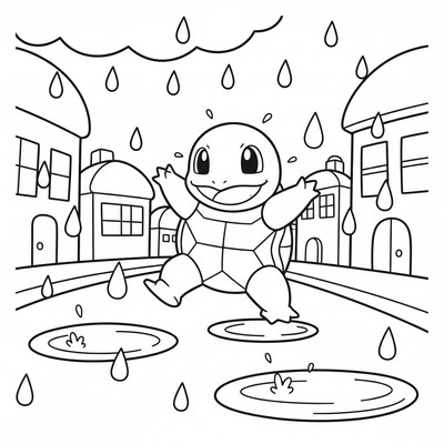 Squirtle dansar i ett ösregn på en gata