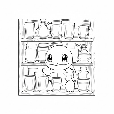 Squirtle gömmer sig i ett skåp fullt av glas