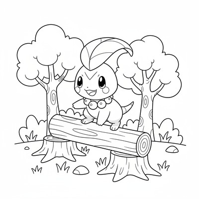 Chikorita balanserar på en stock i skogen