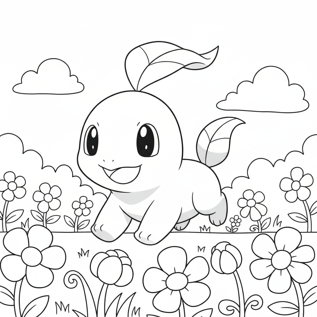 Chikorita springer över en blommande sommaräng