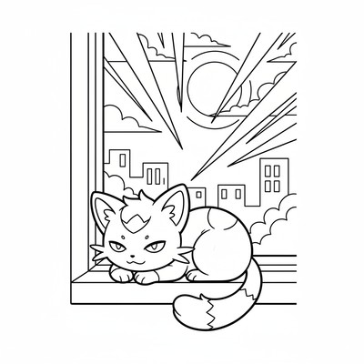 Sprigatito vilar på ett fönsterbräde i skymningen