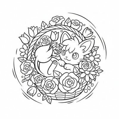 Sprigatito rullar ihop sig i en blomsterkorg