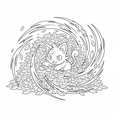 Sprigatito gömmer sig i en hög med löv