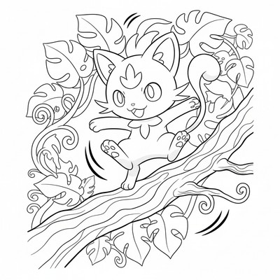 Sprigatito balanserar på en trädgren