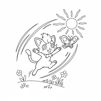 Sprigatito jagar en röd fjäril i solen