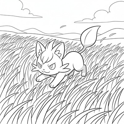 Sprigatito smyger genom högt gräs på ängen