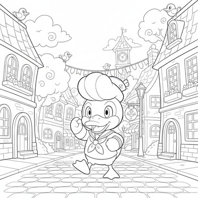 Quaxly marscherar stolt genom en liten stadsgata