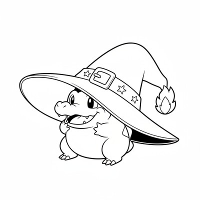 Fuecoco gömmer sig i en stor hatt