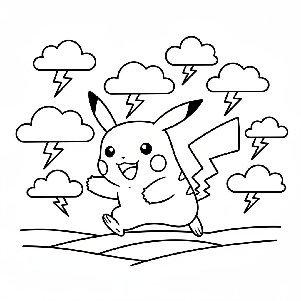 Pikachu springer över ett fält fyllt av åskmoln