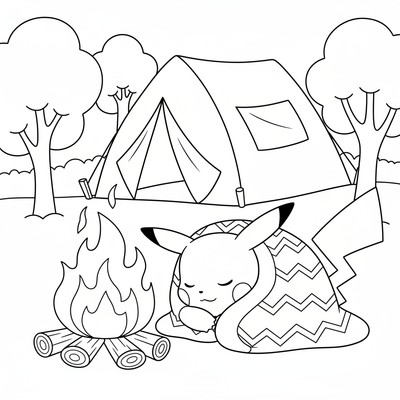 Pikachu sover i en varm filt framför elden