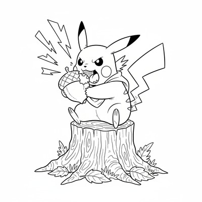 Pikachu sitter på en stubbe och gnager på en nöt