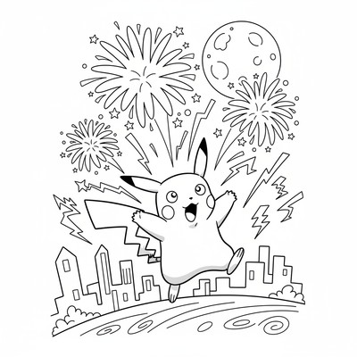 Pikachu blir överraskad av fyrverkerier i kvällsmörker