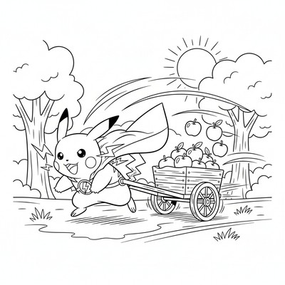 Pikachu drar en liten vagn med äpplen