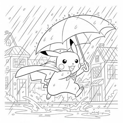 Pikachu springer genom regnet under ett paraply