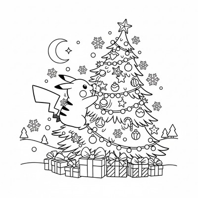 Pikachu skakar snö från ett julgransträd