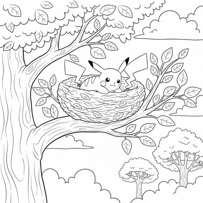 Pikachu vilar i ett fågelbo högt upp i ett träd