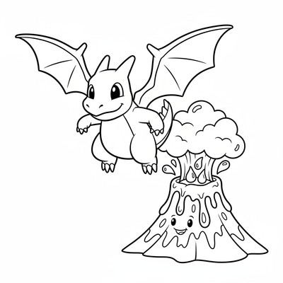 Charizard flyger över en vulkan med glödande lava