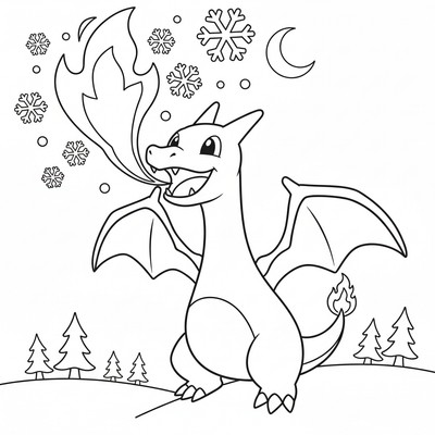 Charizard blåser eld mot en vinterhimmel