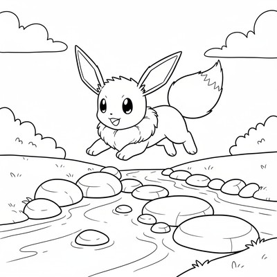 Eevee hoppar över en bäck med stenar