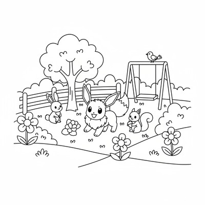 Eevee leker i en park med andra smådjur