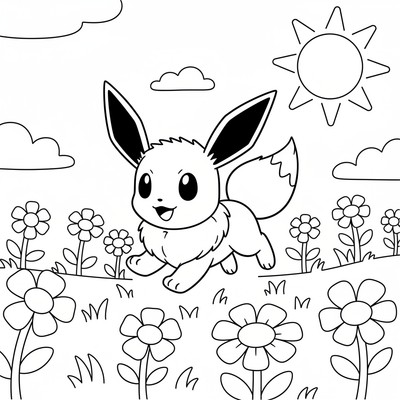 Eevee springer genom en blomsteräng i vårsol