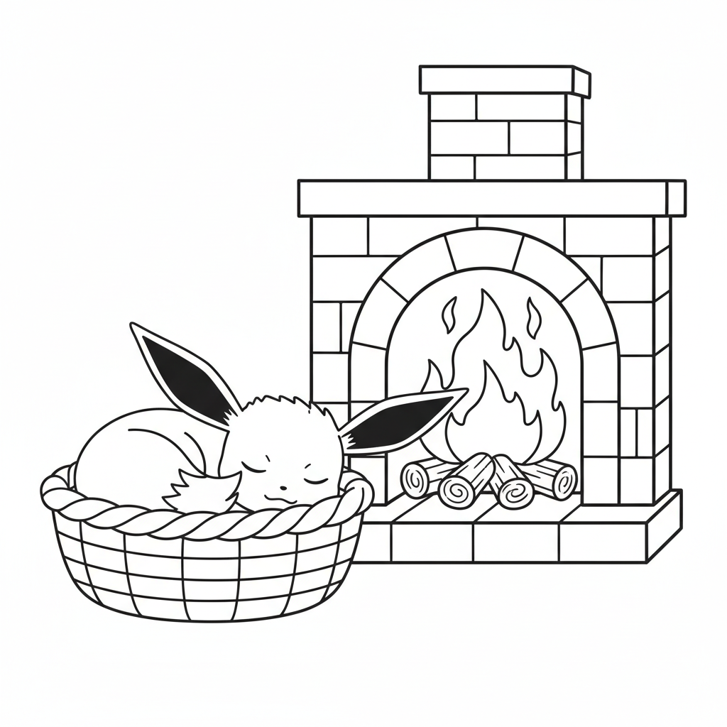 Eevee sover i en korg vid en öppen spis