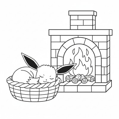 Eevee sover i en korg vid en öppen spis