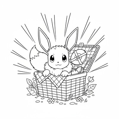 Eevee tittar nyfiket ut ur en picknickkorg