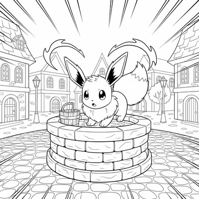 Eevee kikar ner i en brunn på torget