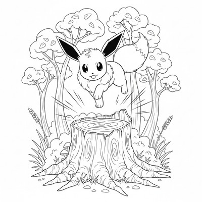 Eevee balanserar på en stubbe i skogen
