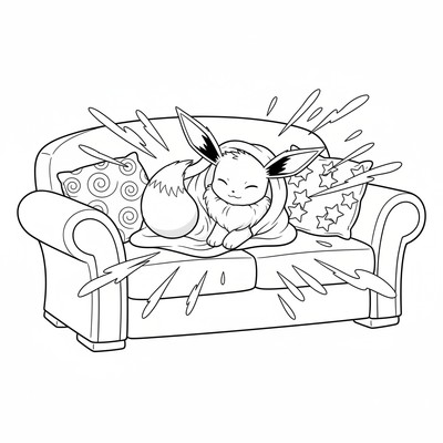 Eevee rullar ihop sig i en filt på soffan