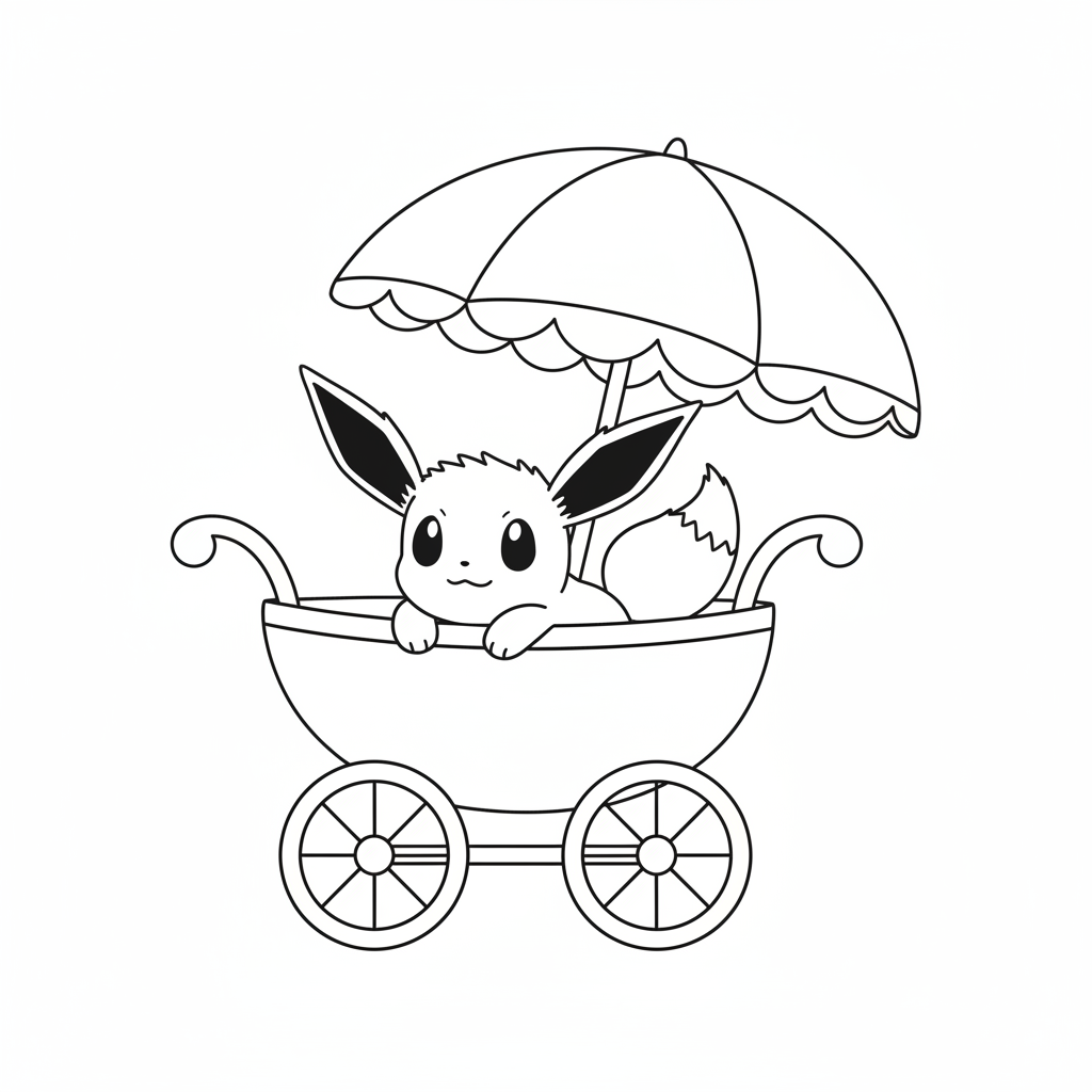 Eevee vilar i en barnvagn under ett parasoll