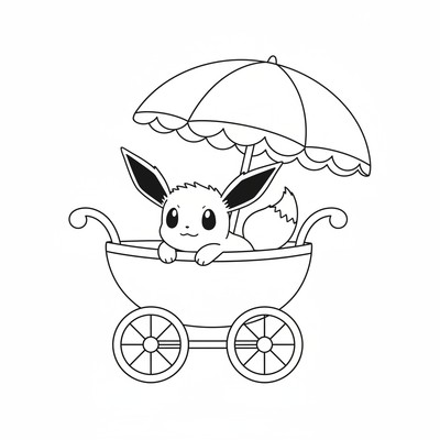 Eevee vilar i en barnvagn under ett parasoll