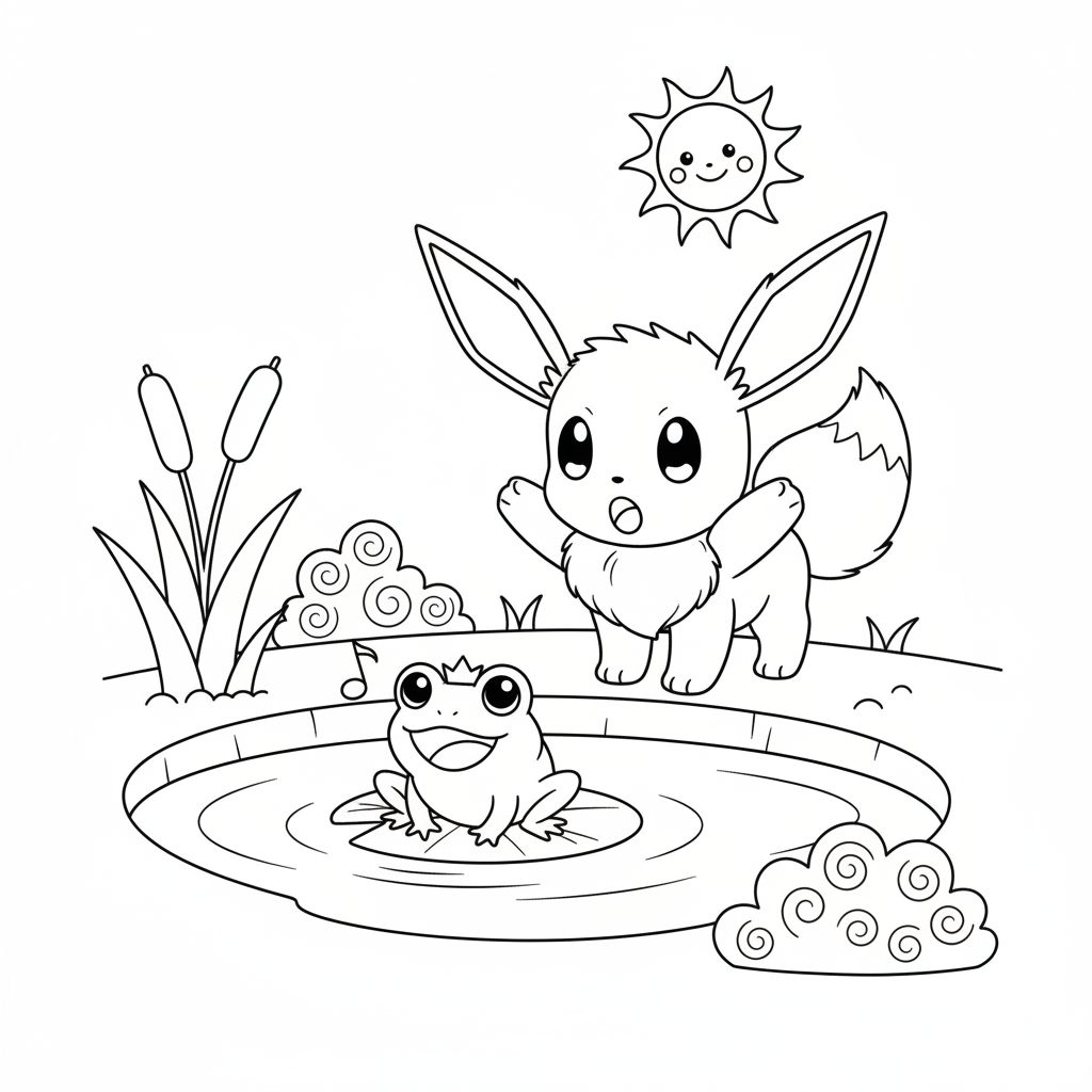 Eevee blir skrämd av en groda vid dammen