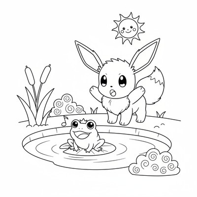 Eevee blir skrämd av en groda vid dammen