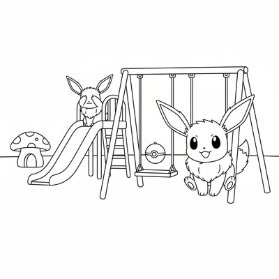 Eevee leker tafatt på en lekplats