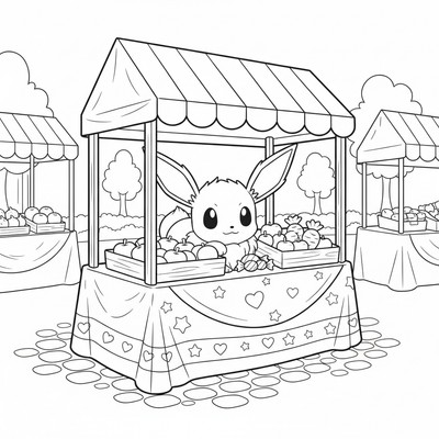 Eevee gömmer sig under ett markandsstånd