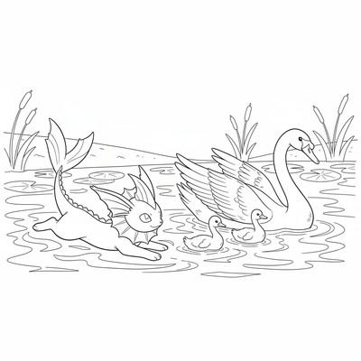 Vaporeon simmar ikapp en svanfamilj