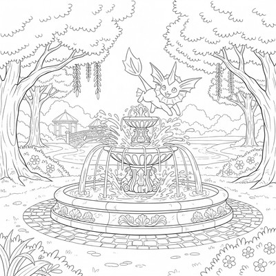 Vaporeon hoppar upp ur en fontän i parken