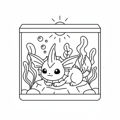 Vaporeon vilar i en upplyst akvarietank