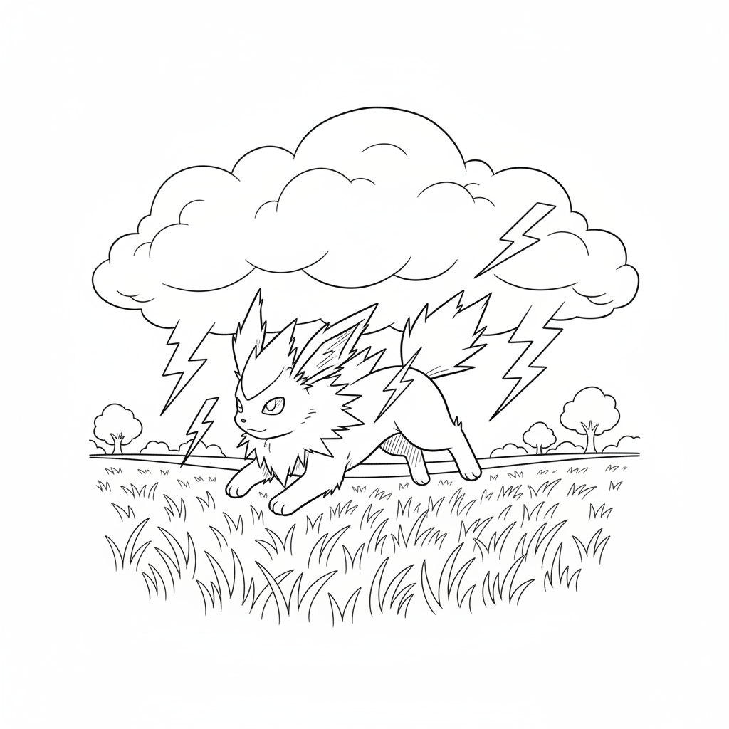 Jolteon springer genom ett åskmoln på ett fält