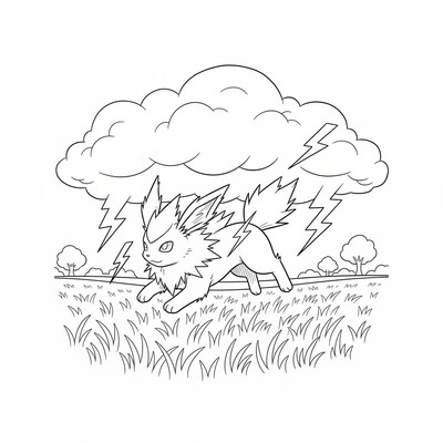 Jolteon springer genom ett åskmoln på ett fält