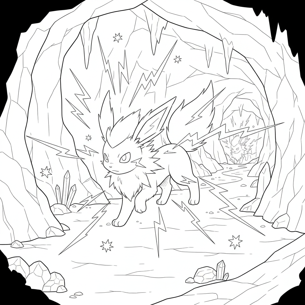 Jolteon lyser upp en mörk grotta med gnistor