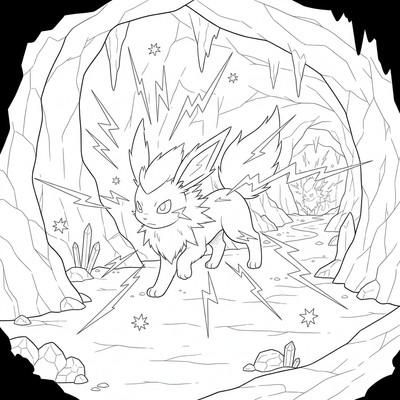Jolteon lyser upp en mörk grotta med gnistor