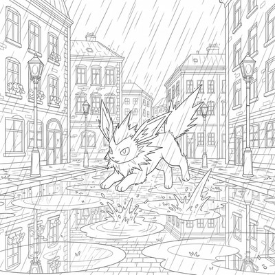 Jolteon springer genom en stadsgata i regnet