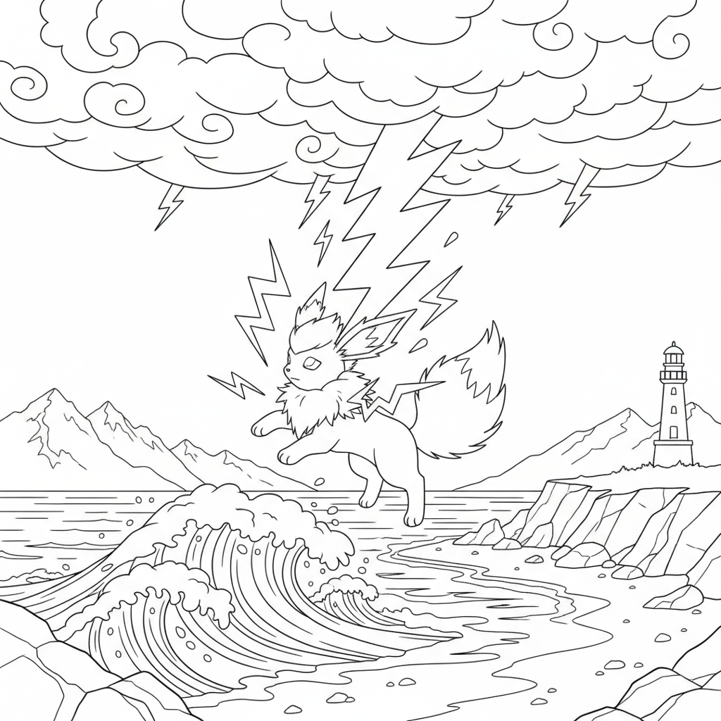 Jolteon blir blixtrad av en storm nära havet