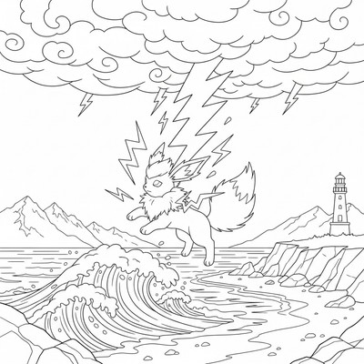 Jolteon blir blixtrad av en storm nära havet