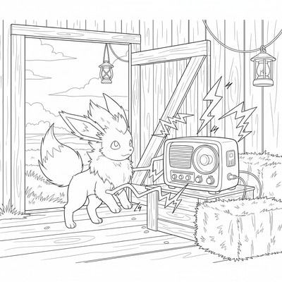 Jolteon laddar upp en gammal radio i en lada